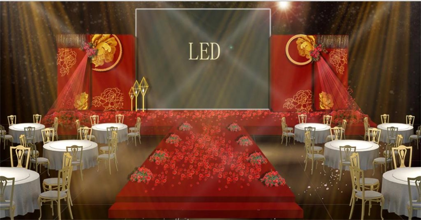红色中式婚礼效果图 led大屏