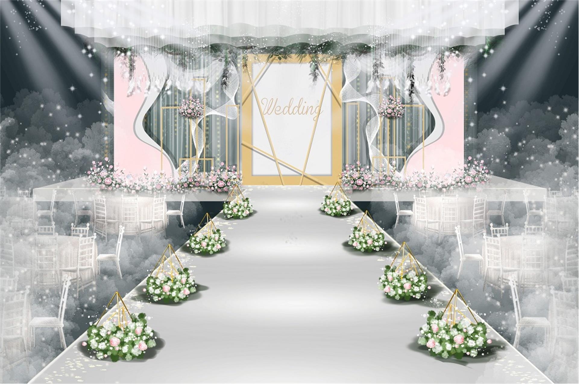 欧式婚礼效果图 白粉色系 白色纱幔打底