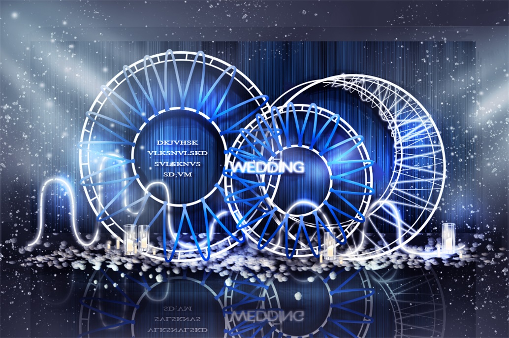 蓝色欧式婚礼效果图 纱幔背景 圆形铁衣架子