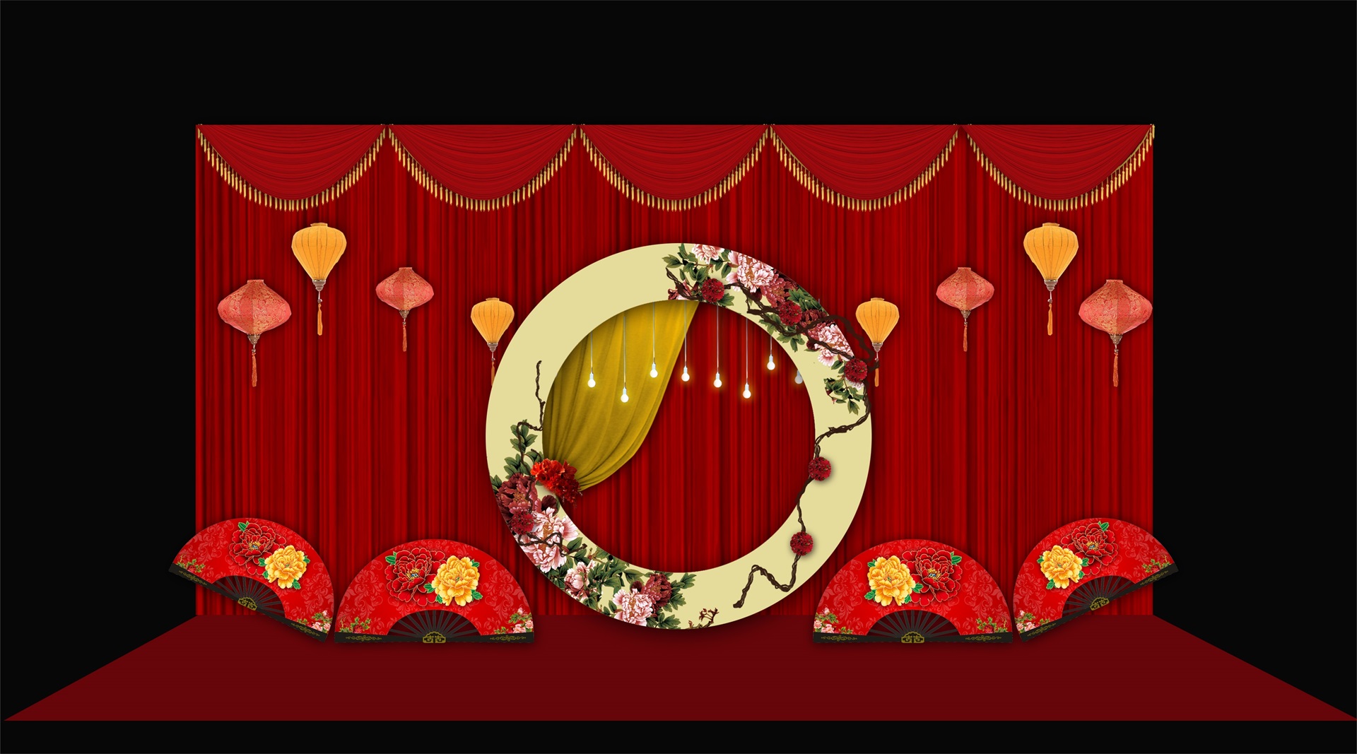 红色新中式婚礼 纱幔背景效果图