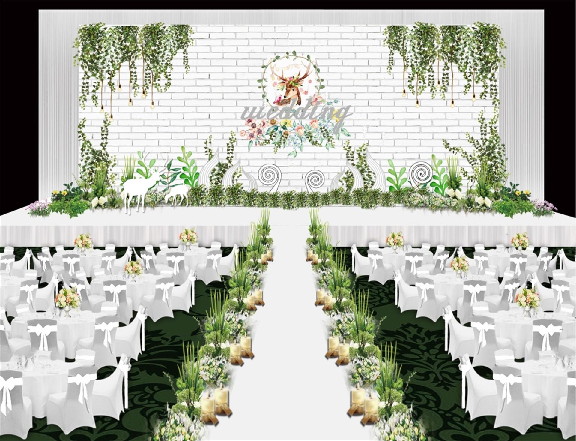 森系白绿色系 砖墙背景 小清新婚礼效果图