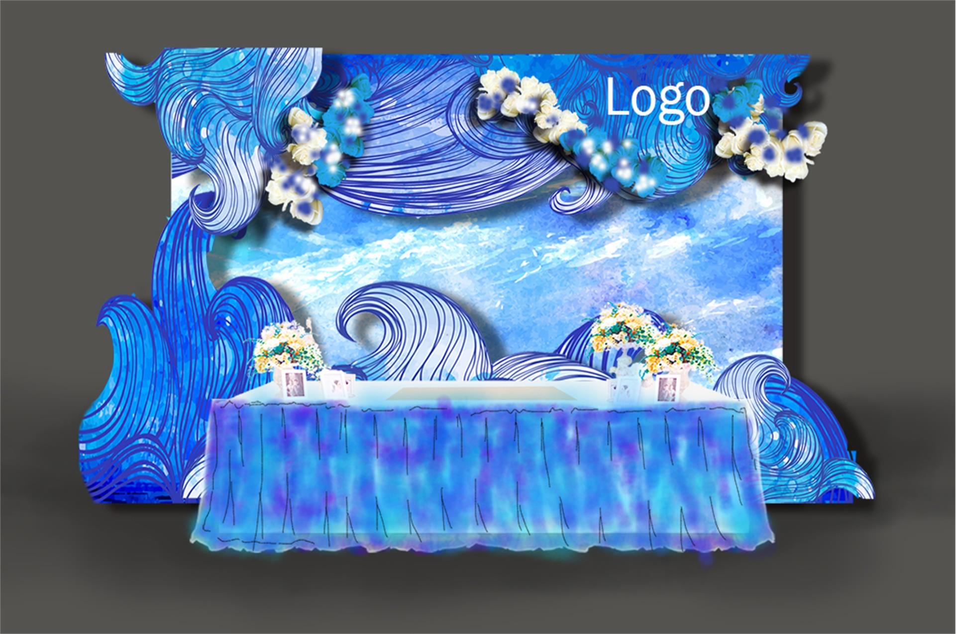 蓝色晕染海洋风格婚礼效果图 迎宾区效果图 签到甜品区-第1张