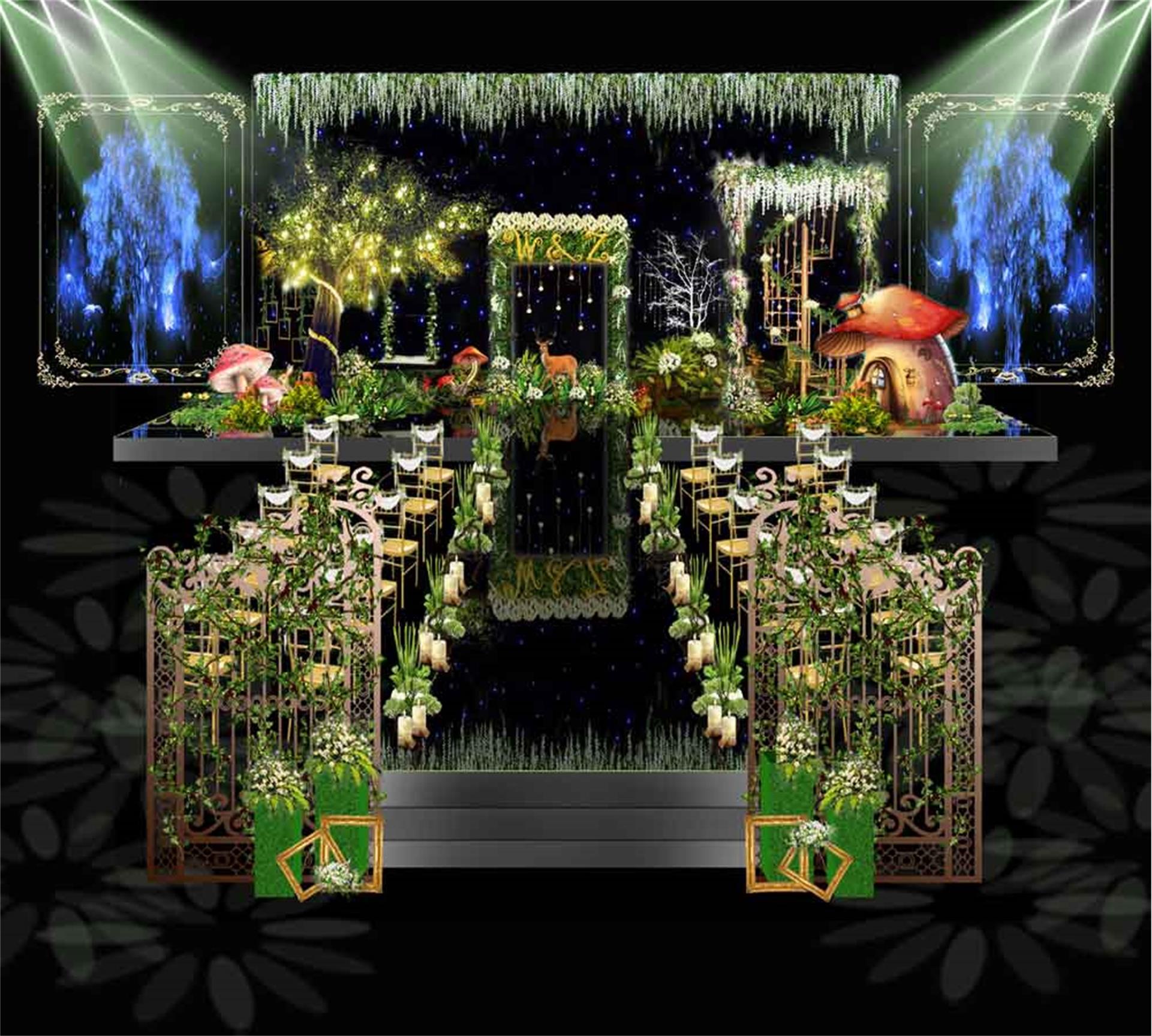 星空幕布背景森系绿色婚礼效果图卡通蘑菇屋造型 尧姐儿图库