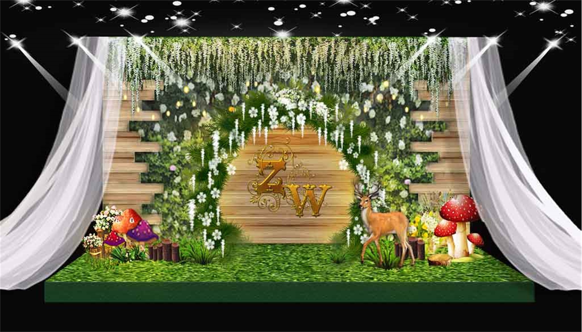 森系婚礼效果图 木纹木板背景